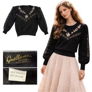 VTG Gentilhomme Geneve Angora Handmade Sweater Floral‎ Embroidery Black Womens 8